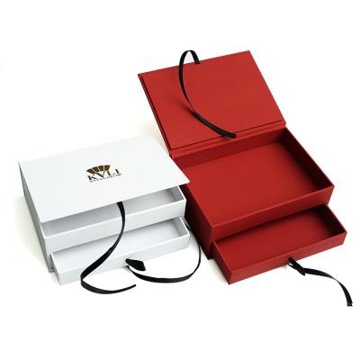 China Eco-Friendly Large Double Drawer Paper Jewelry Box Luxury Jewelry Packaging Box With Ribbon for sale