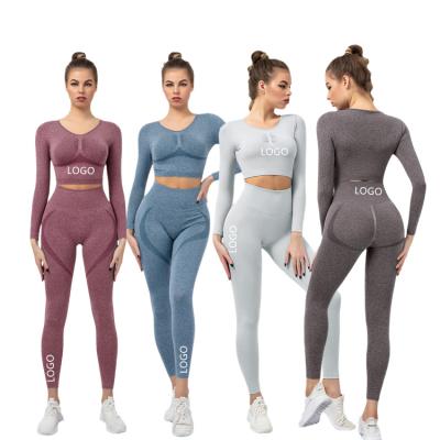 China Breathable Active Wear Fitness Clothing Women Seamless Workout Clothes Gym Women Clothing Sets Leggings Long Sleeve 2 Piece Yoga Set for sale