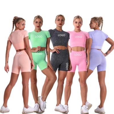 China SportswearCustom Logo Wear Workout Clothing Women Fitness Seamless Shorts Gym Yoga Shorts Top Set Breathable Two Piece Set for sale