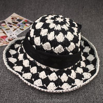 China Fancy Summer Styles Black White Checked Lady Crochet Hats Women Hand Made Crochet Beach Sun Hats (SU-SSH122) for sale