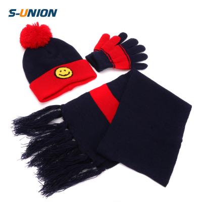 China COMMON Wholesale Customized Lovely Smiling Face 3pcs Kids Crochet Knitted Winter Beainie Hats With Scarf Gloves Sets for sale