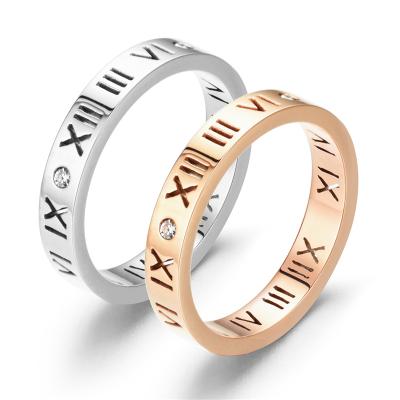 China Fashion 4mm Rose Gold Plated Roman Number Poya Stainless Steel Couples Ring High Quality TRENDY Silver Promise Zircon Titanium Ring for sale