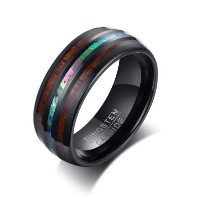 China Poya 8mm CLASSIC Black Plating Natural Tungsten Ring For Gift Coloful Shell Koa Wood Inlaid Dome for sale