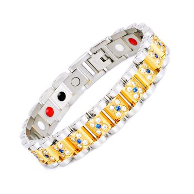 China TRENDY Poya Flower Shape 4 In 1 Bio Energy Health Care Stainless Steel Magnetic Bracelets With White Sapphire Zircon for sale