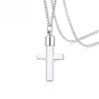 China Poya Keepsake Cremation Stainless Steel Jewelry Urn Container Glass Bottle Pendant Cross Pendant For Ashes for sale