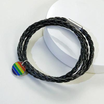 China Poya Nickel Free Lead Free Handmade Weave Multilayer Genuine PU Leather Bracelet With Rainbow Plain Round Charm for sale