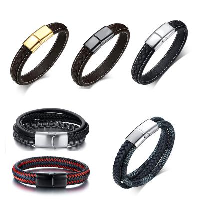 China Genuine Handmade Poya Lead Free Nickel Free Men's Black Red Multilayer Genuine Handmade PU Striped Leather Strap With Magnetic Clasp for sale