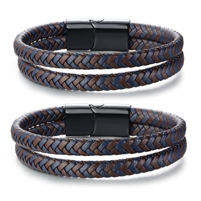 China Custom Lead Free Nickel Free Laser Logo Magnetic Clasp Blue Double Poya Wrap Braided Microfiber Leather Bracelet For Men for sale