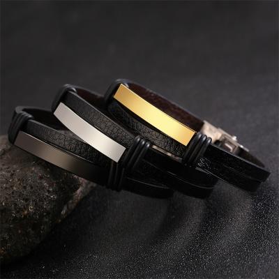 China Custom Poya Nickel Free Lead Men's Blank Engrave Bar Stainless Steel Wrap Bracelet Genuine Leather Bracelet for sale