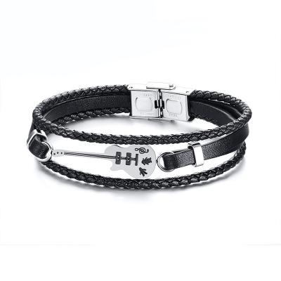 China Poya Lead Free Nickel Free Multilayer Braided Genuine Leather Woven Bracelet with Guitar Shape 316L Stainless Steel Metal Charm for sale