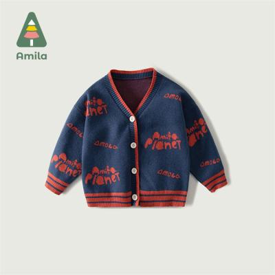 China Breathable Long Sleeve V-Neck Baby Girls Autumn Unisex Clothing Embroidered Toddler Kids Cardigan Sweaters for sale