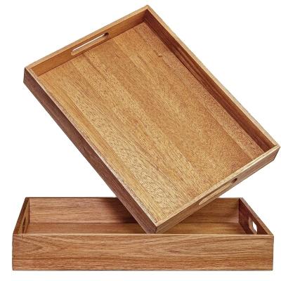 China Sustainable Natural solid wood tray with handle Walnut storage organizer decorated home tableware service tray for sale