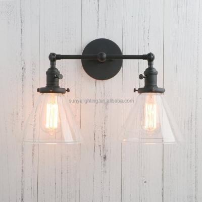 China Antique 2 Lights Indoor Vintage Double Sconce Vintage Pendant Lamps Industrial Wall Sconces with Funnel Flared Glass Clear Glass Shade for sale