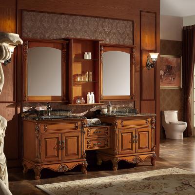 China European Marble Double Sink Oak Wood Countertops Bathroom Vanity for sale