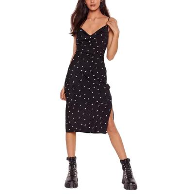 China OEM Breathable Summer Polka Dot Midi Cowl Neckline Split Elegant Midi Casual Dresses For Women for sale