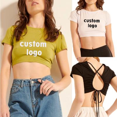 China Breathable Wholesale Custom Logo Women Bandage Tshirt Crop Top Cotton Polyester Design Plain Print Design for sale