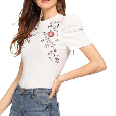 China Ladies Puff Sleeve Mock Blouse Summer Breathable Custom Elegant Soft Top Embroidered Floral T-Shirt for sale