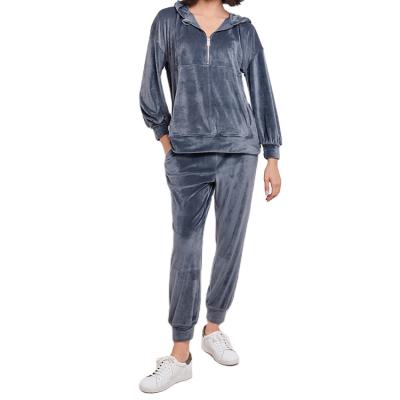 China Velvet Fabric Breathable Custom Logo Custom Woman Pajamas With Half-zip Hoodie Super Soft Regular Pants Loose Suit Flexible Sleepwear For Women for sale