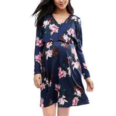 China Breathable Custom Women's Clothing Long Sleeve Pregnant Nursing Floral Maternity Dress Double Layer Clothing for sale