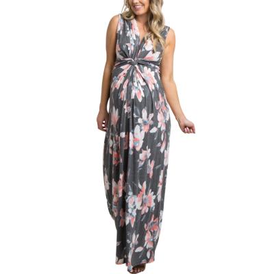 China Factory Charcoal Floral Sleeveless Bow Front Gray Breathable Maternity Maxi Dress for sale