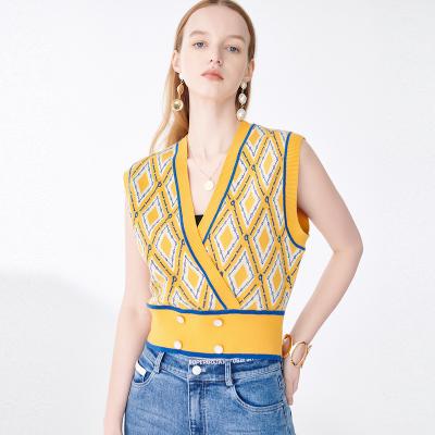 China Diamond Geometric Grid Pattern Factory Fashion OEM/ODM Autumn Anti-pilling Vintage Diagonal Open Sleeveless Women's Knitted Sweater Vest for sale