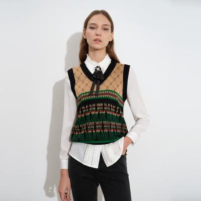 China New Fashion Anti-wrinkle Autumn Design OEM/ODM High-end V-neck Pattern Check Vest Sweater Women's Temperament Sleeveless Vest for sale