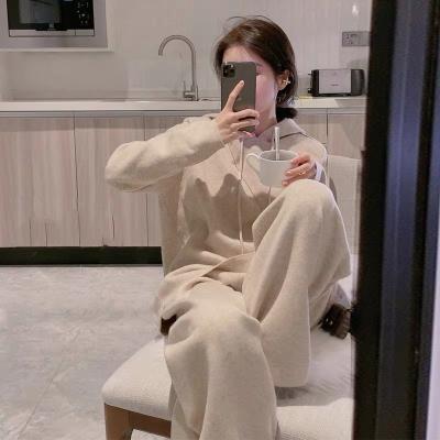 China OEM ODE Fall And Winter Loose Fashion Suit Women Anti-pilling Hoodie Oversized Sweatshirt Knitted Sweater Wide Leg Pants Casual Two Piece Set for sale