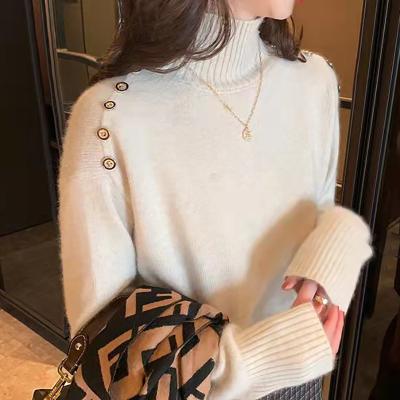 China Streetwear High Quality Long Sleeve Women's Solid Color High Neck Anti-wrinkle Buttons Raccoon Velvet Knitted Pullover Sweater for sale