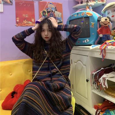 China Vintage Autumn Korean women's striped knitted hoodie dress sweatshirt long color mid length casual loose warm anti-static skirt striped knitted hoodie dress for sale