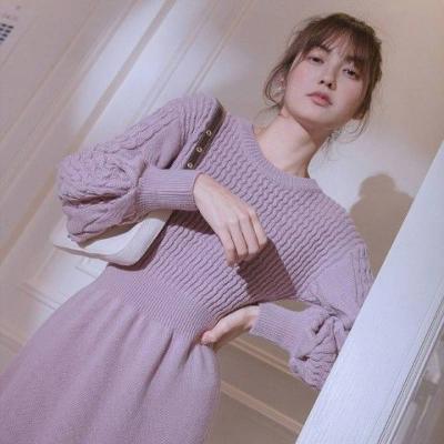 China Autumn and winter texture anti-static design thickened neck warm sweater casual o puff sleeve sweater long skirt women knitted a-line dress for sale