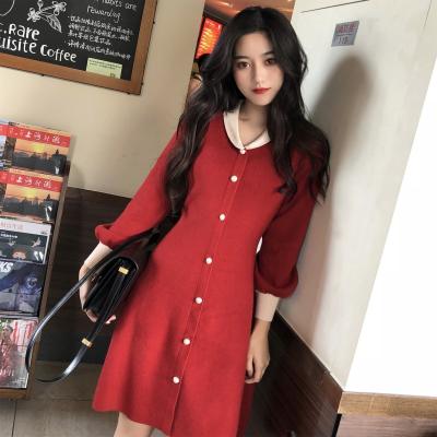 China Vintage Anti-Static French Bead Buttons Color-blocking Long Sleeve Sweater Lapel Knit Soft Knitted Christmas Sweater Dress Women Dress for sale