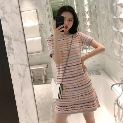 China Anti-static Korean version of the new summer color stripes loosen the casual short-sleeved short skirt protecting the round neck soft knitted dress for sale