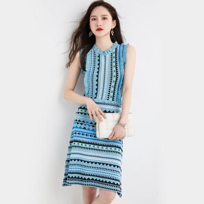 China Anti-Static Summer Ethnic Clothing Striped Jacquard Geometric Pattern Ruffled Sleeveless Knitted Round Neck Vest Skirt Women Soft Dress for sale