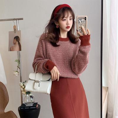 China Women's professional two-piece suit loose anti-pilling winter retro houndstooth long turtle sleeve knitted sweater by neck and long straight skirt for sale