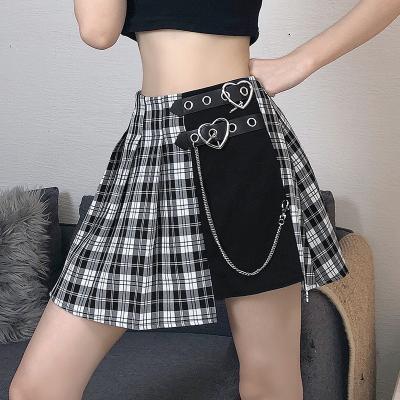 China European and American summer European and American summer anti-static new high waist chain decoration leather buckle waist skirt stitching plaid skirt girls high for sale