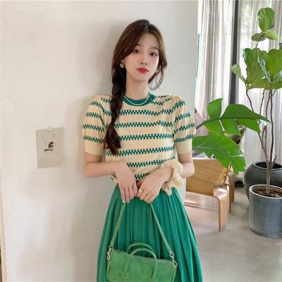 China Round neck striped anti-pilling summer new casual color two-piece contrast knitted skirt top short sleeve mid length pleated two-piece set for sale