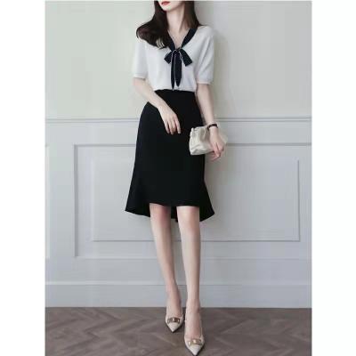 China Summer bow v-neck anti-pilling knitted high-waisted professional two-piece set a-line elegant and fashionable women's short-sleeved top skirt for sale