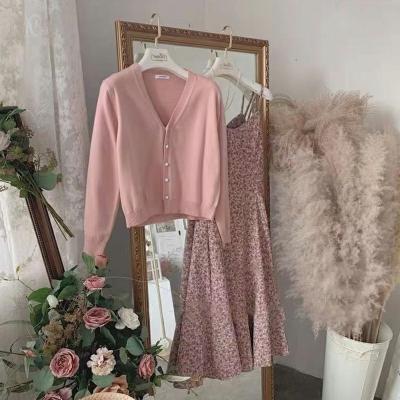 China Anti-wrinkle Spring and Autumn Customized V-Neck Japanese Long Sleeve Pink Knitted Cardigan Jacket Vintage Two Piece Sweater for sale