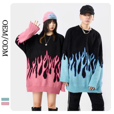 China European and American oversized Anti-wrinkle men and women around loose lazy neck pullover fashionable flame knitted sweater couples equipment for sale