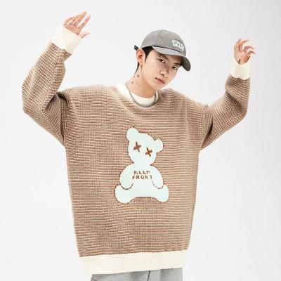 China Anti-wrinkle Korean version of the new trend line gray brown gray oversized cotton bear jacquard knitted color contrast men pullover sweater for sale