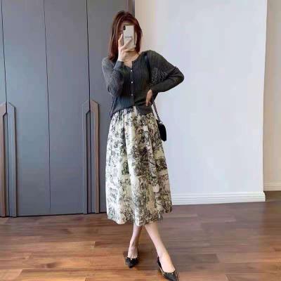 China Anti-wrinkle 2021 autumn new socialite skirt suit women vintage temperament printing half thin knit high waist umbrella skirt two sets for sale