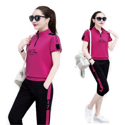 China New 2022 Summer Fashion Breathable Casual Cotton Polyester Short Sleeve Cropped Pants Embroidered Ladies Sports Suits Wholesale for sale