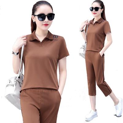 China Summer New Breathable Short Sleeve Large Size Fashion Casual Fitness Cropped Jogging POLO Collar Ladies Pants 2 Piece Set Wholesale for sale