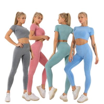 China 22 wholesale breathable new spring and autumn pants sports fitness yoga seamless knitted short-sleeved suits for sale