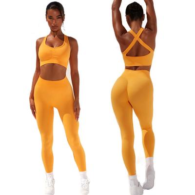 China New Breathable Seamless Ribbed Knitted Long Sleeve Fitness Exercise Stretch Zipper Autumn And Winter Two-piece Yoga Clothing Suit for sale