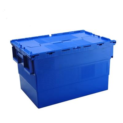 China Recycled Materials Tote Bin Nest Plastic Moving Stackable Boxes Storage Crates With Attached Lids Heavy Duty Lid Crates for sale