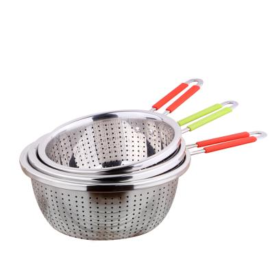 China Sustainable Stainless Steel Kitchen Used Rice Colander With Collapsible Silicone Handle Pasta Colander for sale