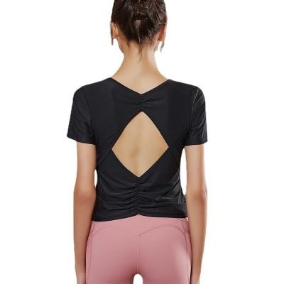 China Women's Breathable Short Sleeve Hollow Back Shirts Running Active Exercise Gym Shirts for sale