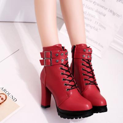 China Disposable Women's Chunky Heel Round Toe PU Booties Boots / Ankle Boots Fall And Winter Black for sale