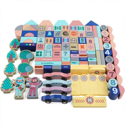 China 133 Pcs Eco-friendly Material Racing City Scenes Assembled Building Blocks Wooden Early Educational Toys Wooden City Blocks for sale